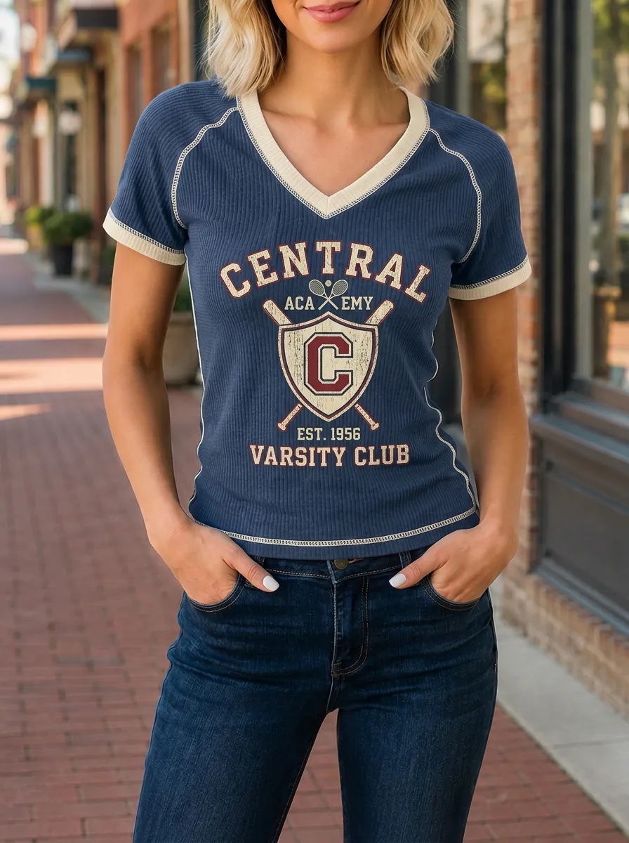 Women's Central Academy Varsity Club Tennis Printed V-Neck T-Shirt