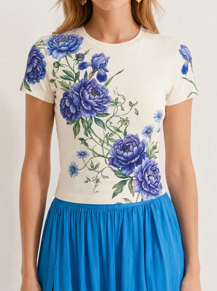 Women's Floral Lover Blue Peony Botanical Printed T-shirt