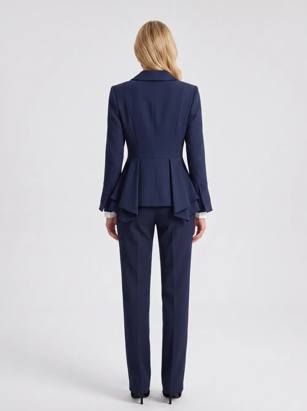 Women's Navy Blue Peplum Gold Buttoned Blazer Jacket