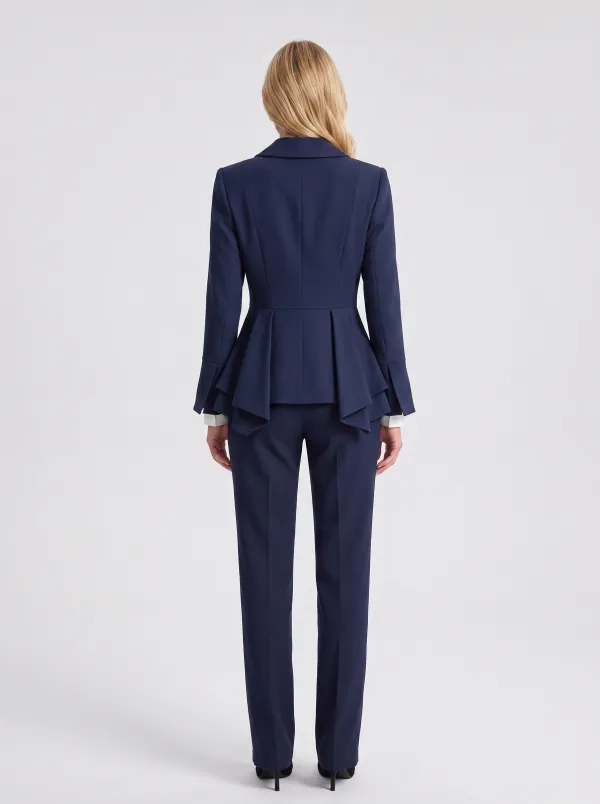 Women's Navy Blue Peplum Gold Buttoned Blazer Jacket