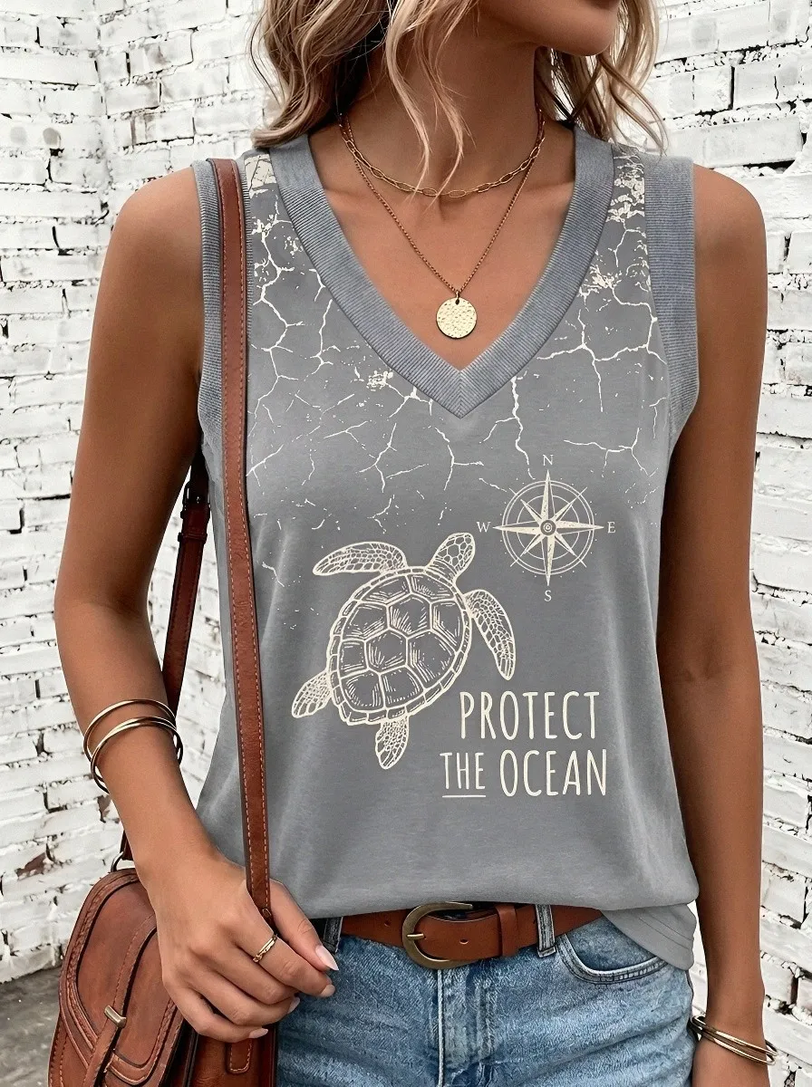 Women's Ocean Lover Sea Turtle Compass Printed Tank Top