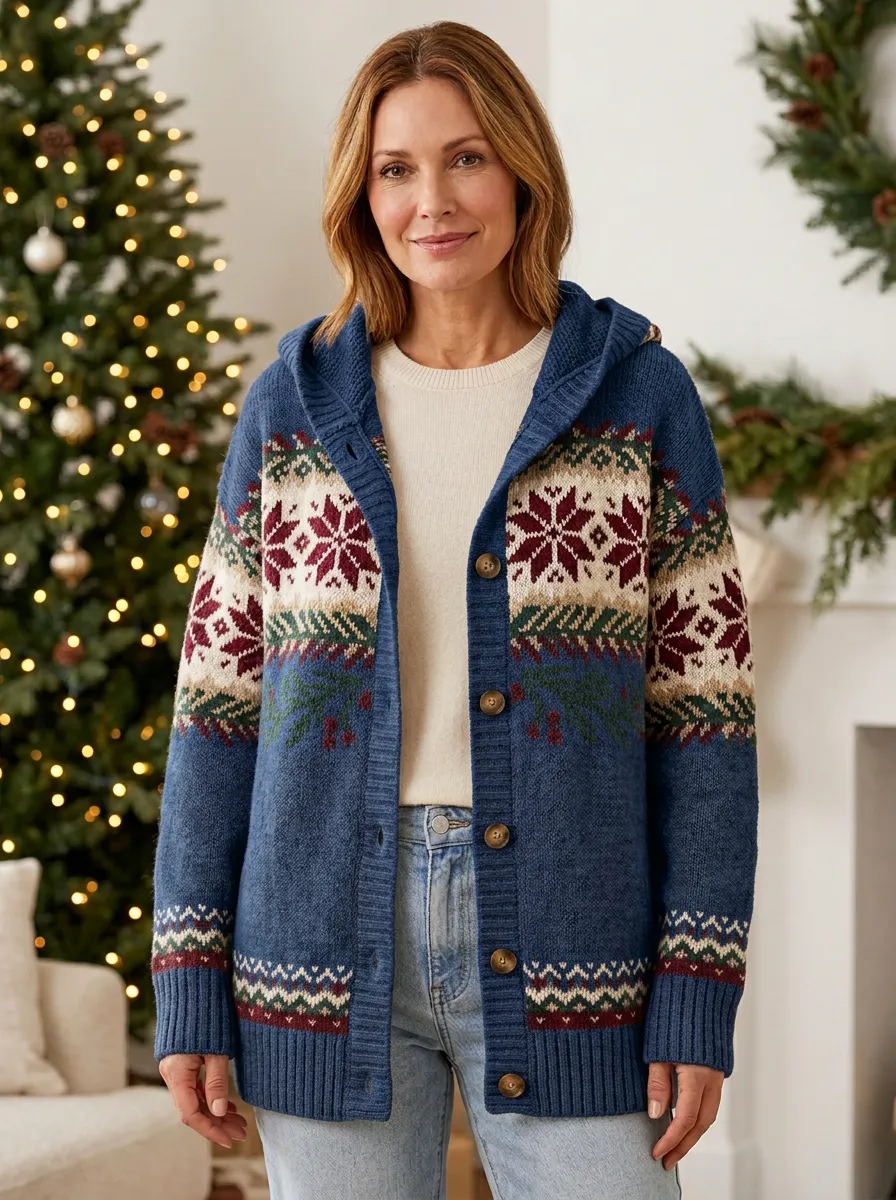 Christmas Snowflake Fair Isle Print Hooded Cardigan