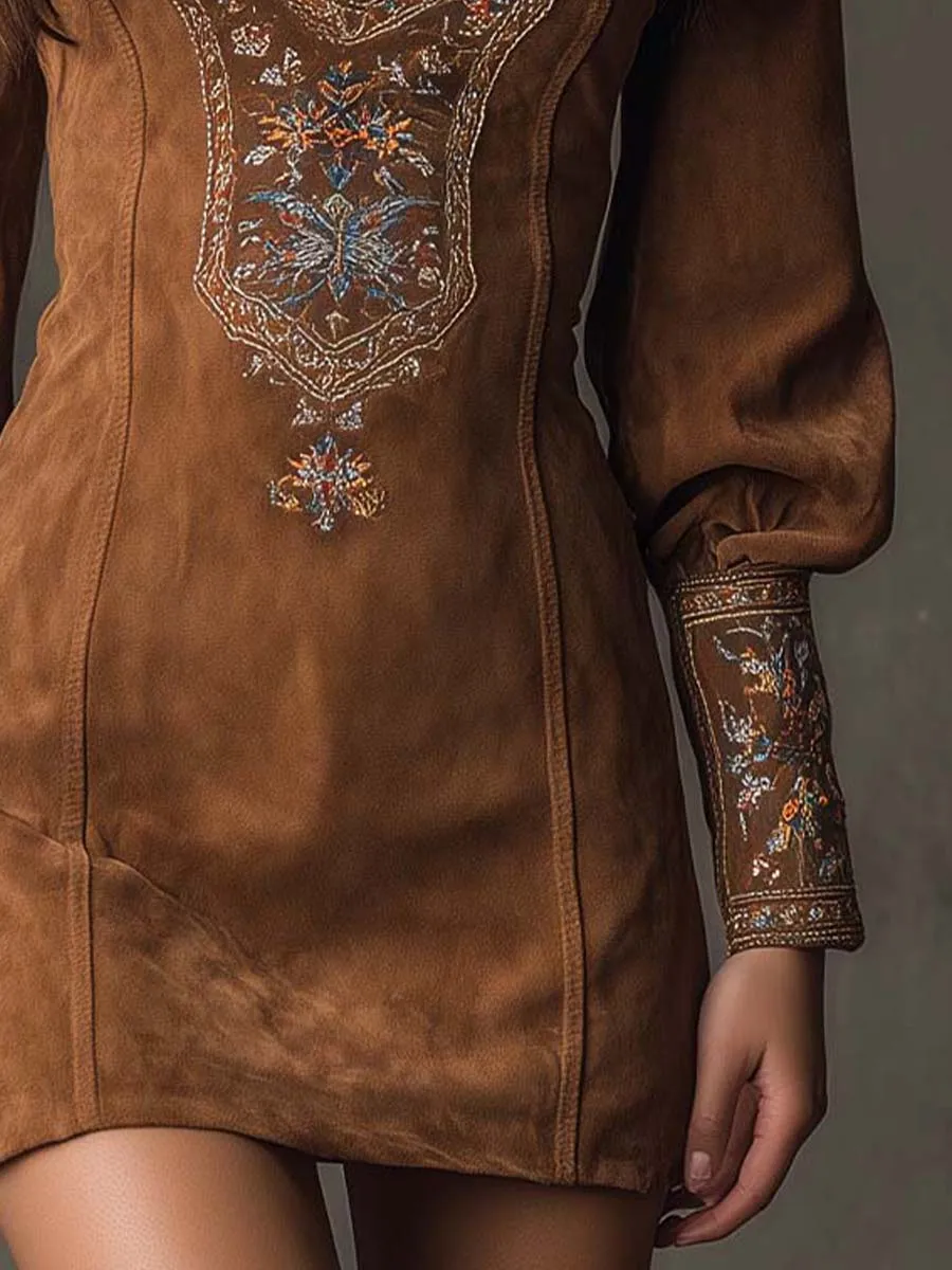Vintage Suede Embroidered Mini Dress With Long Sleeves