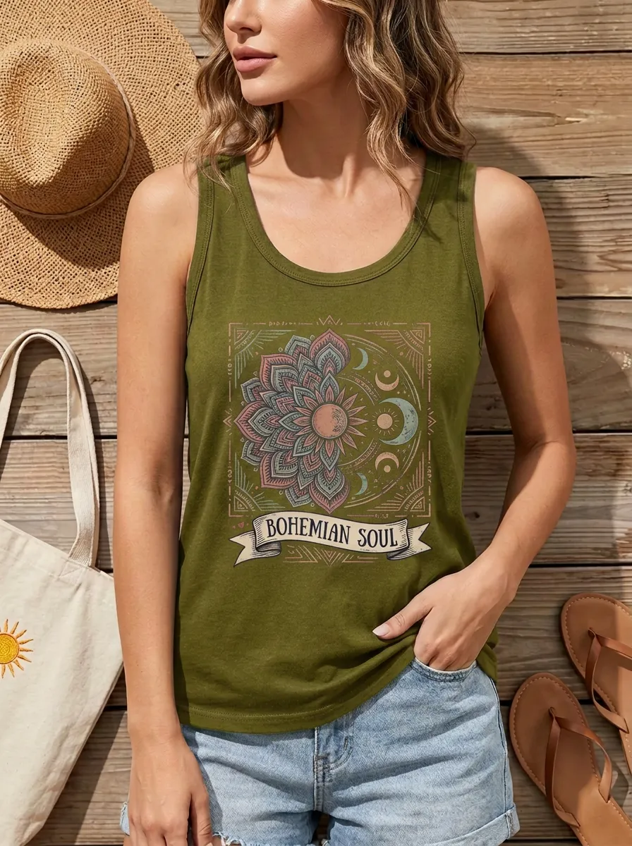 Bohemian Soul Mandala Moon Sun Ribbed Tank Top
