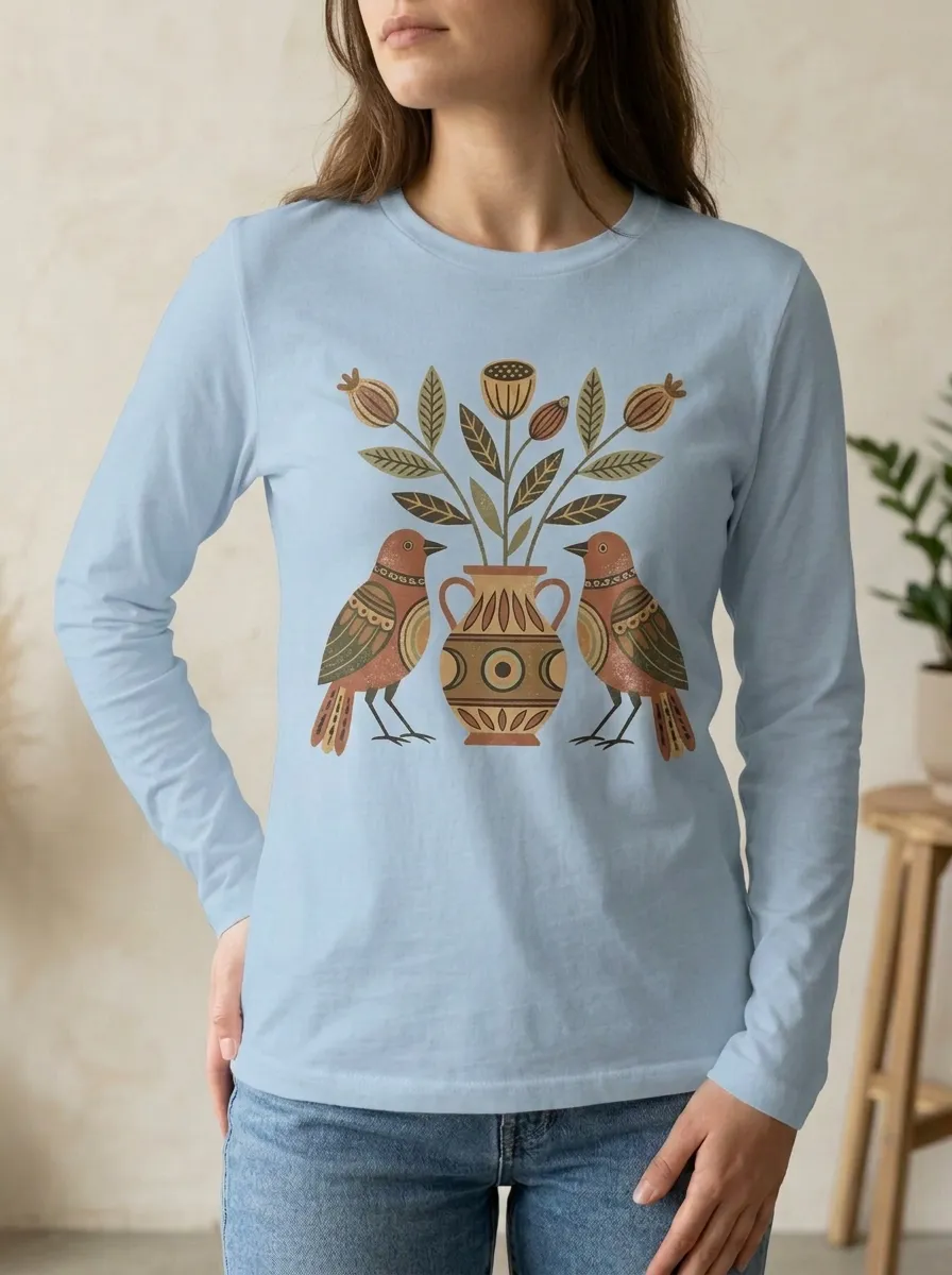 Women's Folk Art Bird and Vase Floral Printed Long Sleeve T-shirt