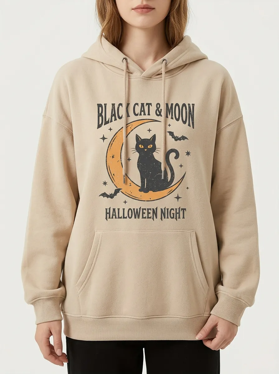 Women's Halloween Black Cat Moon Bat Printed Hoodie