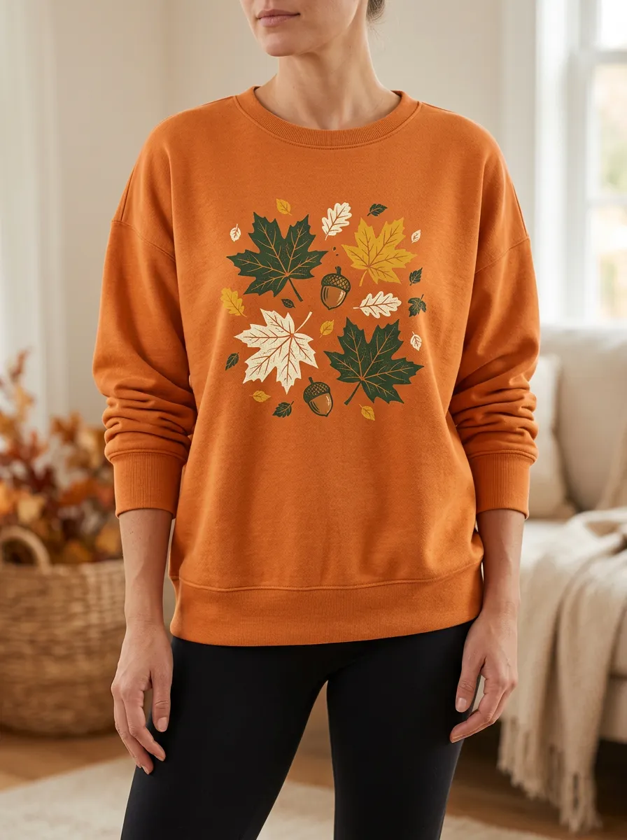 Layered Pattern Maple-Leaf Printed Acorn Graphic Sweatshirt