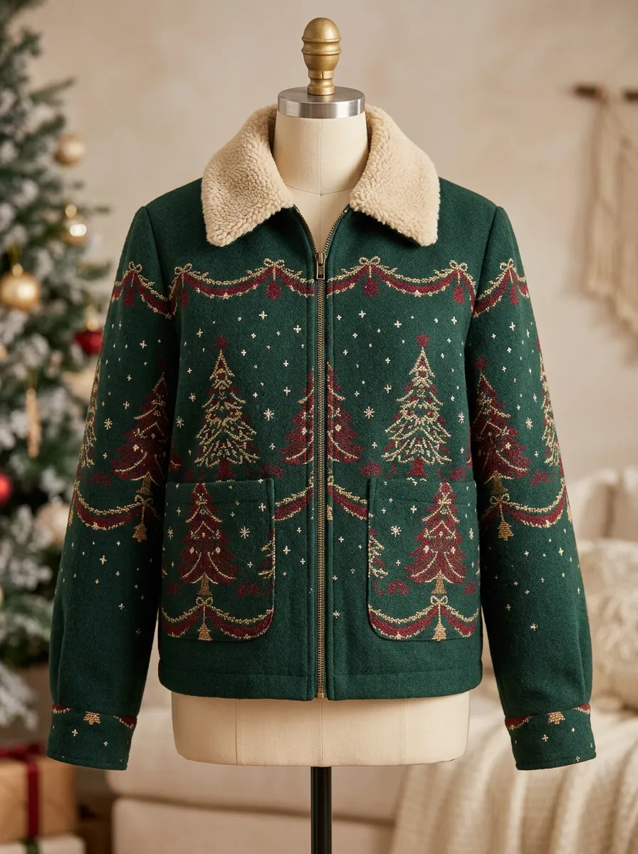 Christmas Holiday Tree Garland Pattern Print Fleece Collar Jacket