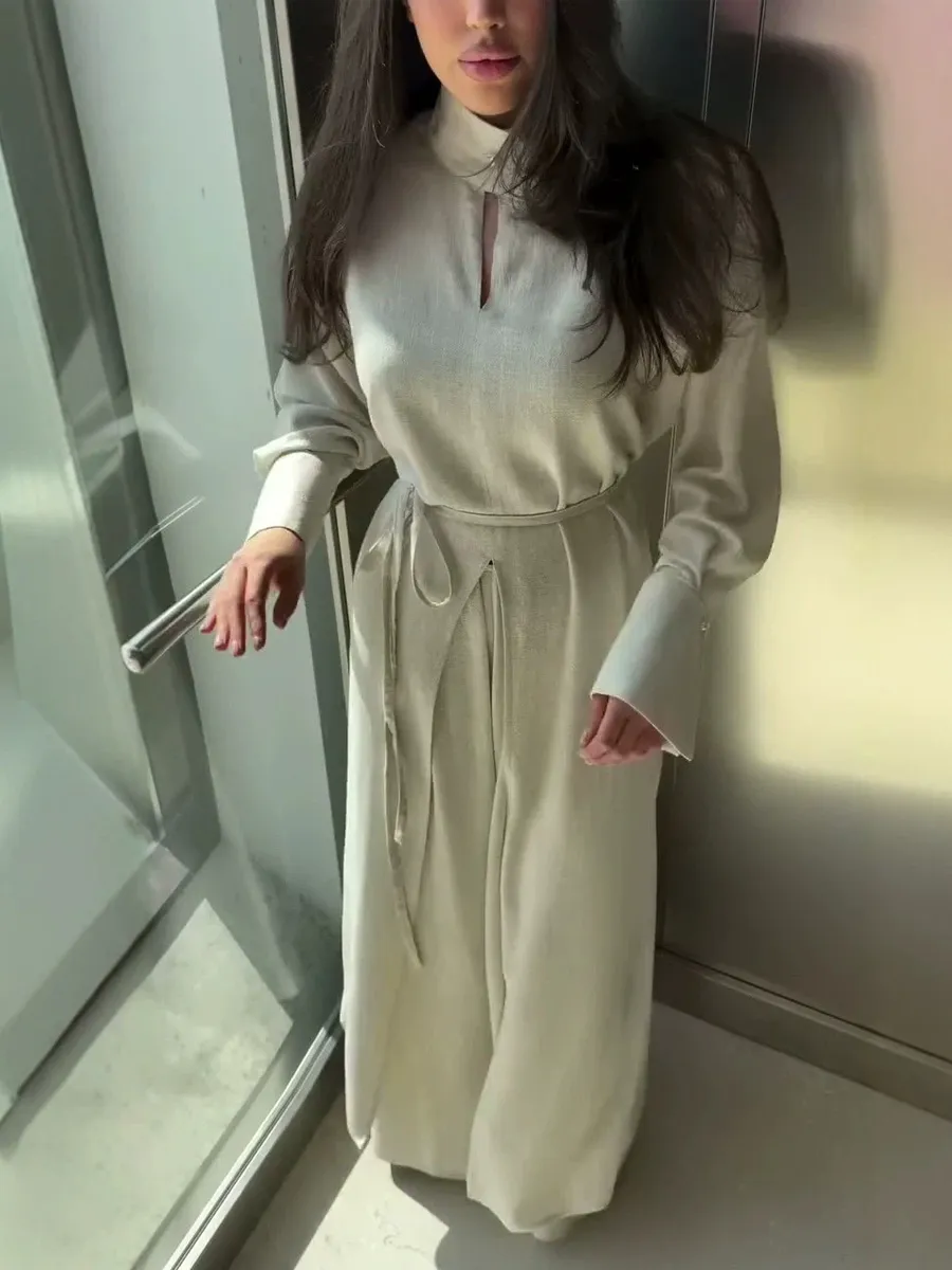 Helena Long-Sleeve Top and High-Waisted Wide-Leg Pants Set