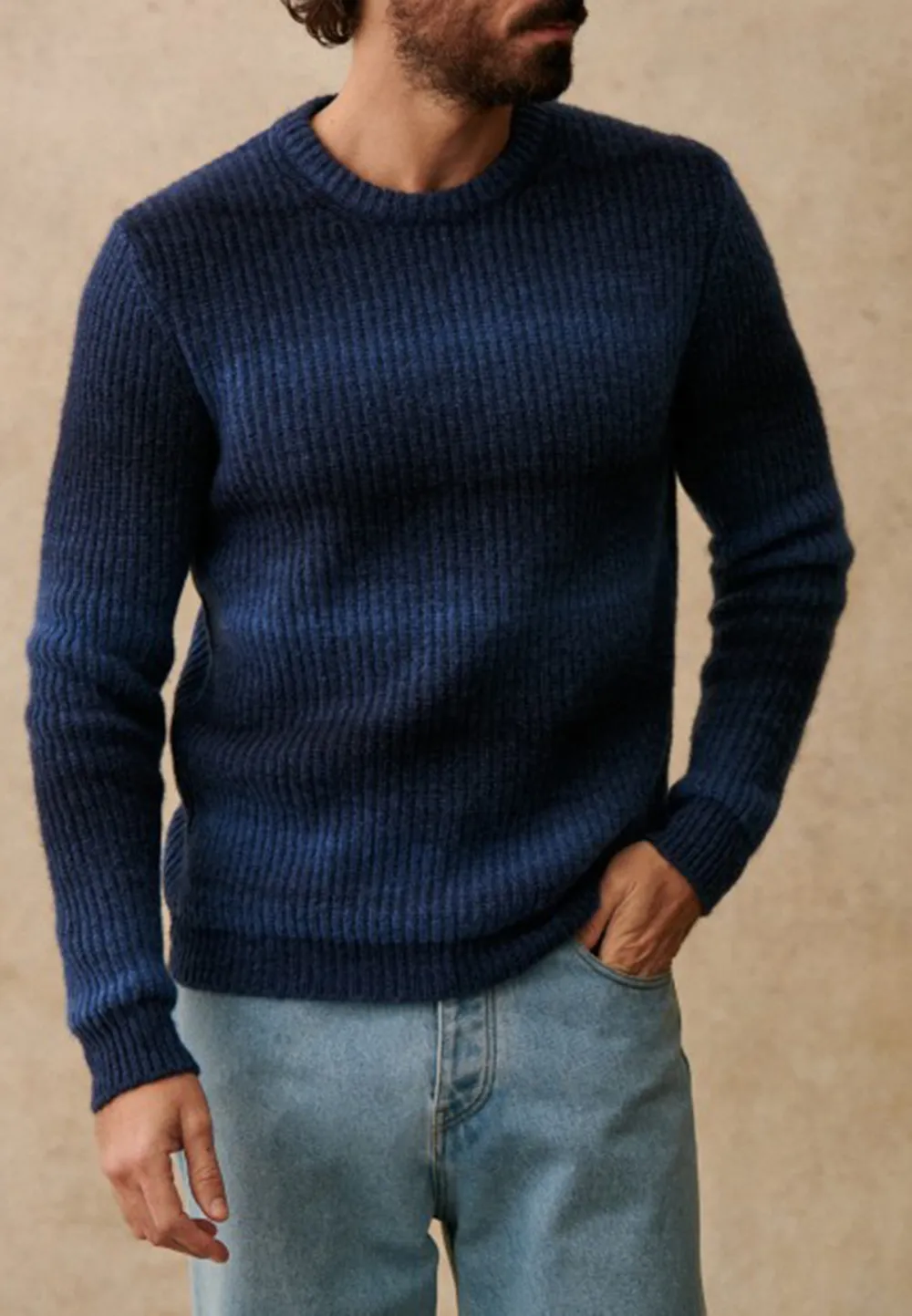 Blue Ombre Ribbed Knit Crew Neck Sweater