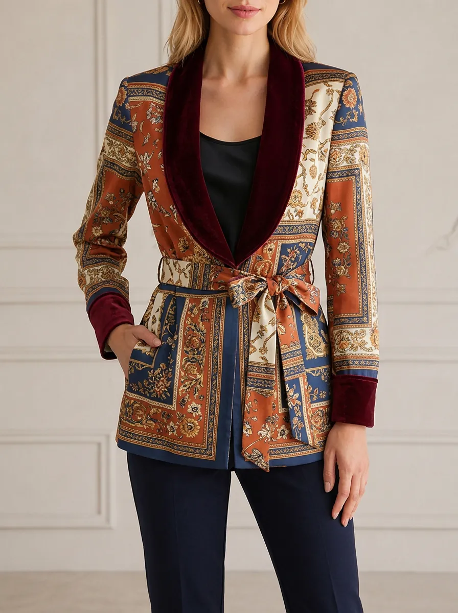 Women's Vintage Baroque Floral Printed Velvet Trim Belted Blazer