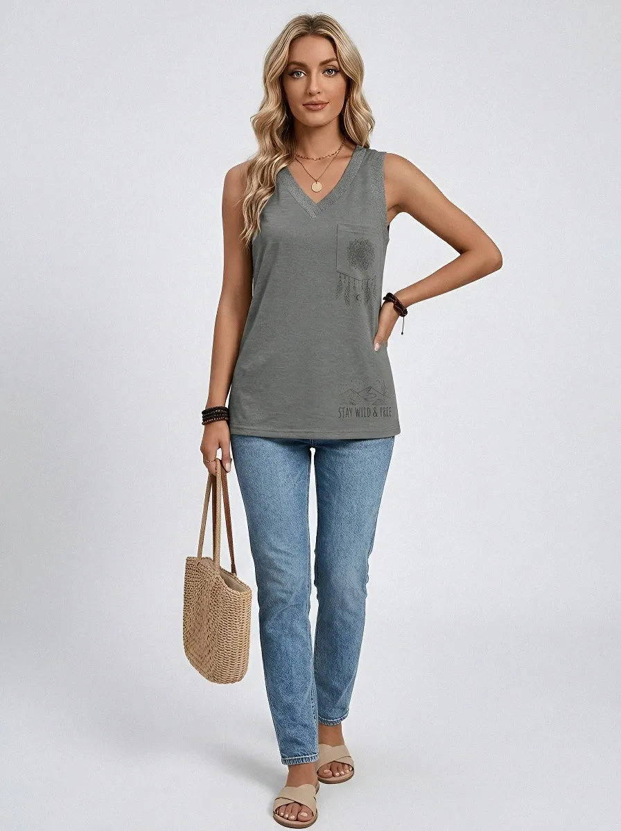 Women's Boho Mandala Dreamcatcher Printed V-Neck Tank Top