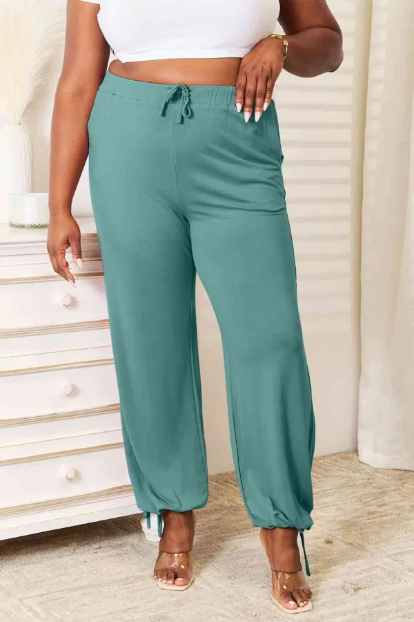 Full Size Soft Rayon Drawstring Waist Pants With Pocket