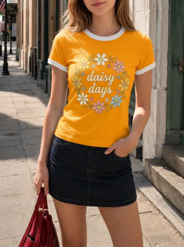 Women's Daisy Days Floral Wreath Printed Ringer T-shirt