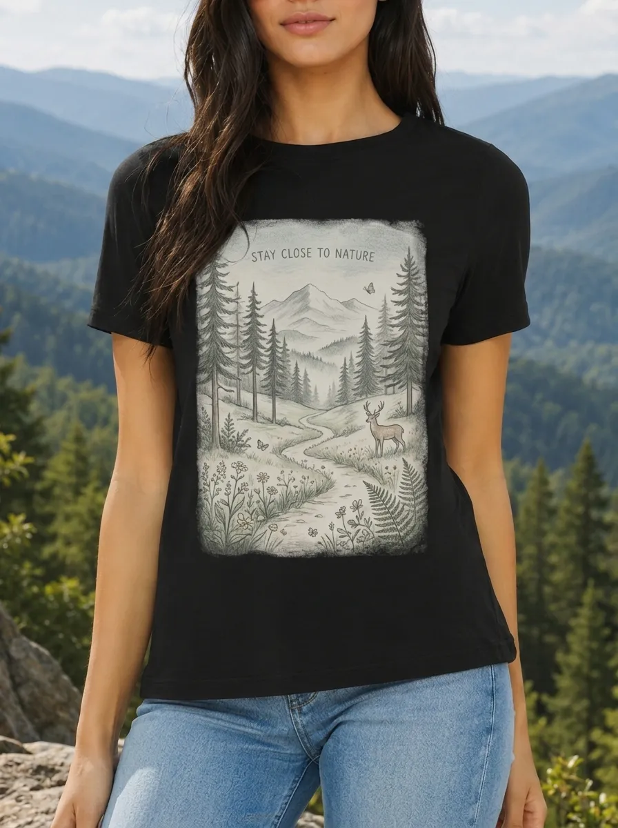 Women's Nature Lover Deer Mountain Forest Printed T-shirt