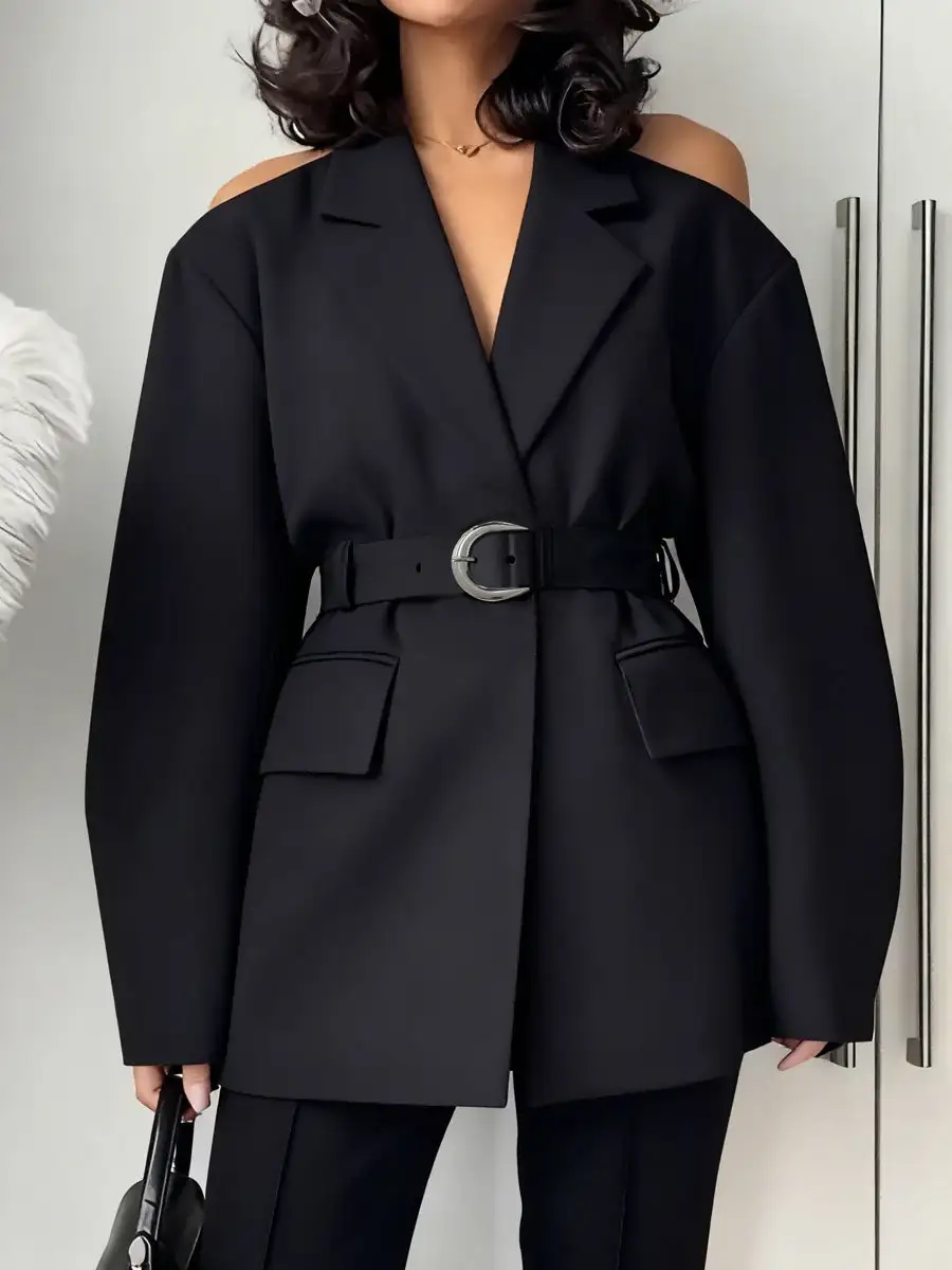 Long Sleeve Relaxed Belted Solid Color Split Blazer
