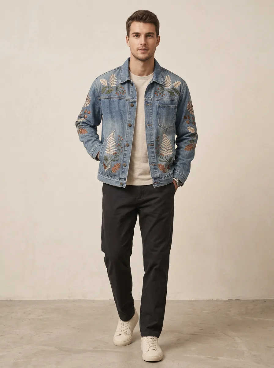 Men's Nature Inspired Botanical Embroidered Denim Jacket