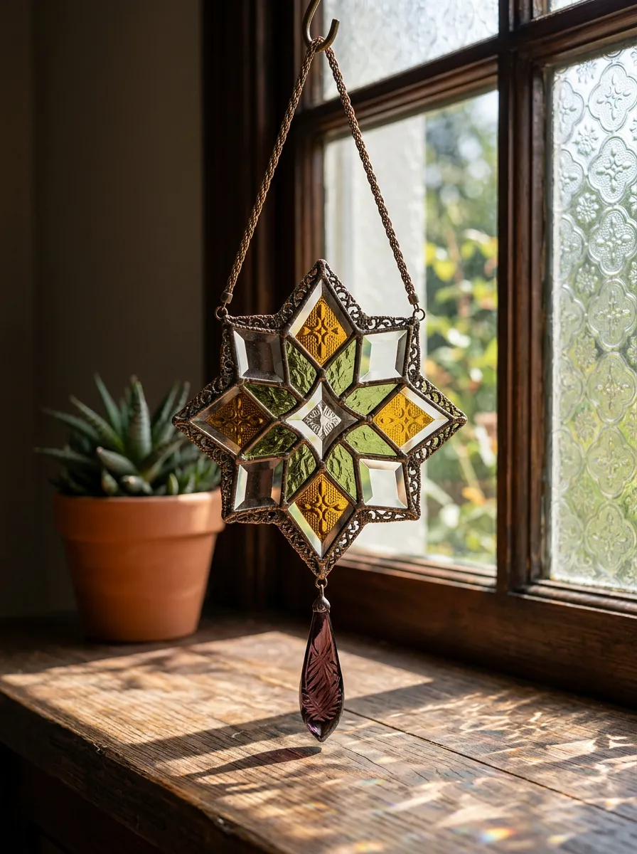 Geometric Stained Glass Star and Crystal Suncatcher