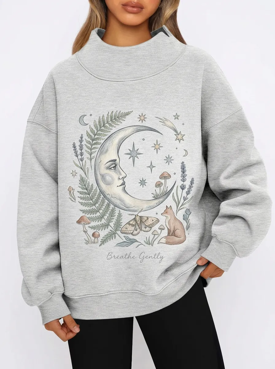 Women's Celestial Nature Lover Moon Fox Mushroom Printed Sweatshirt