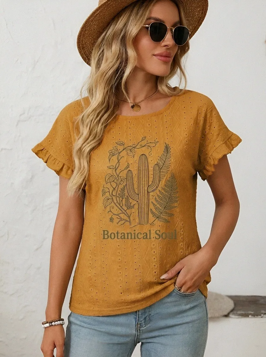 Women's Botanical Soul Cactus Fern Printed Ruffle Top