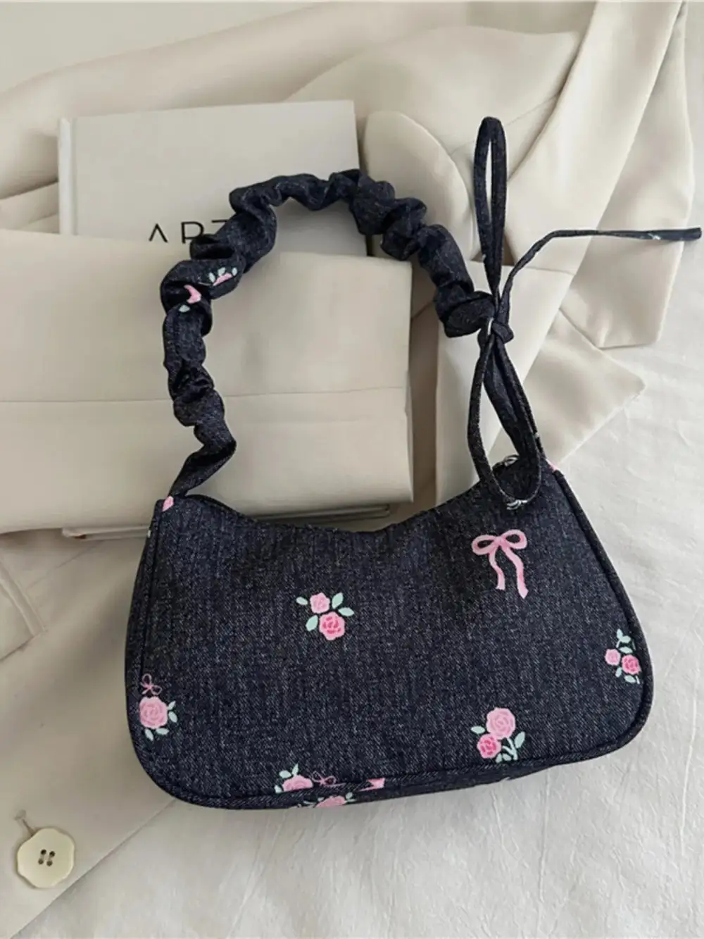 Embroidered Ruched Shoulder Bag