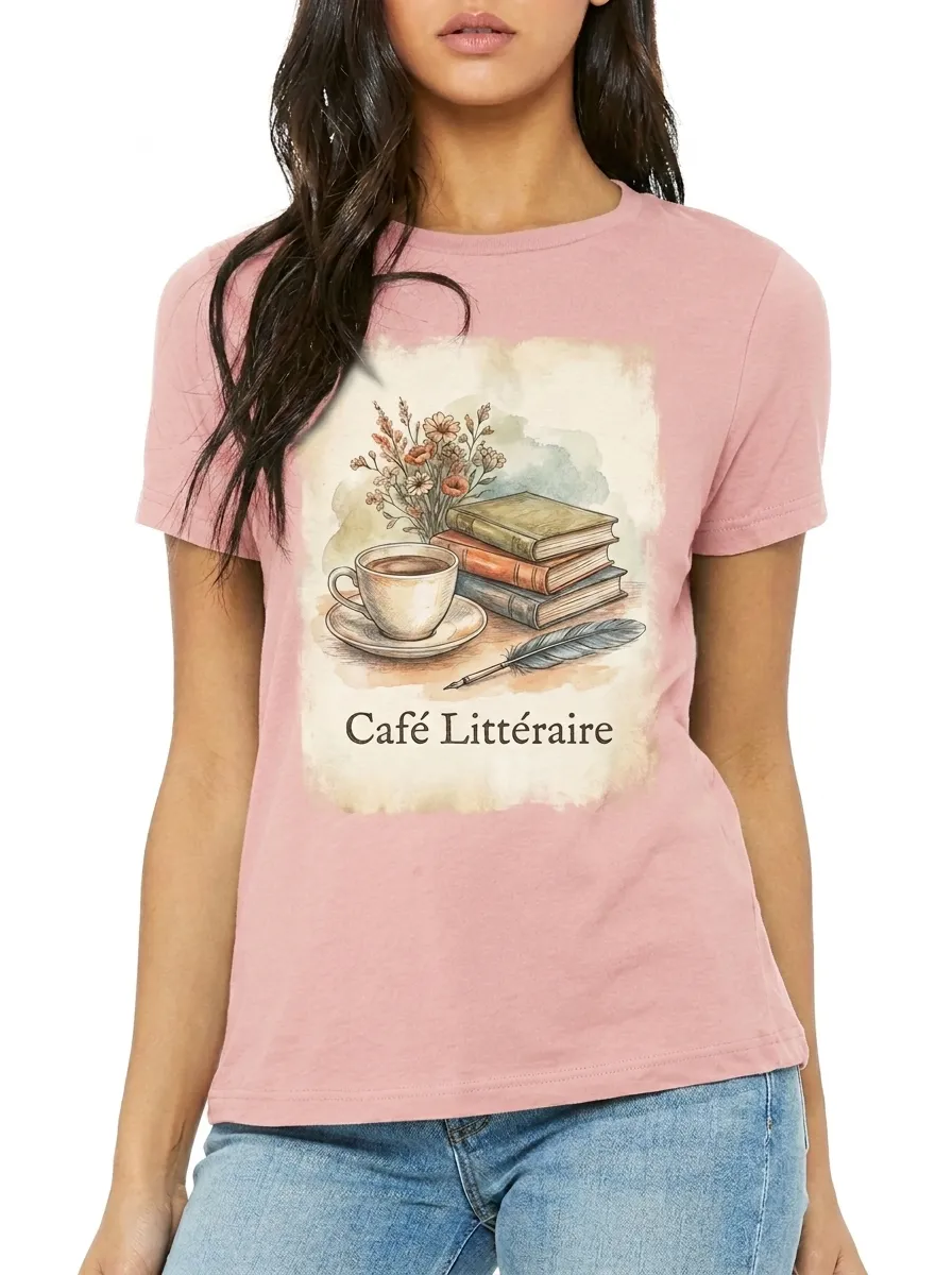 Women's Book Lover Cafe Litteraire Coffee Books Printed T-shirt