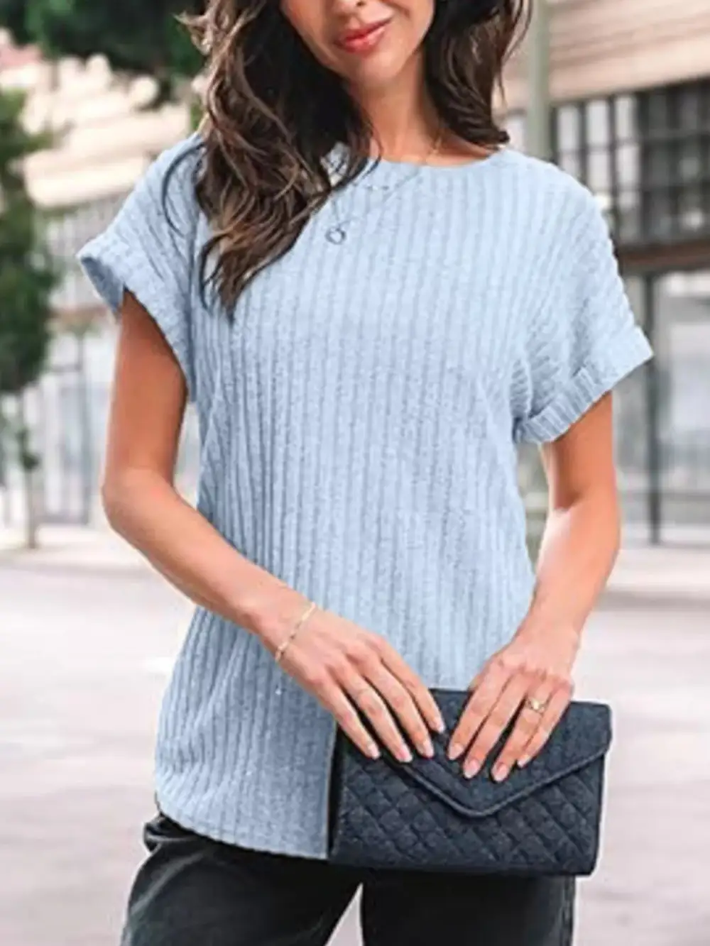 Casual Ribbed Knit Short Sleeve T Shirt