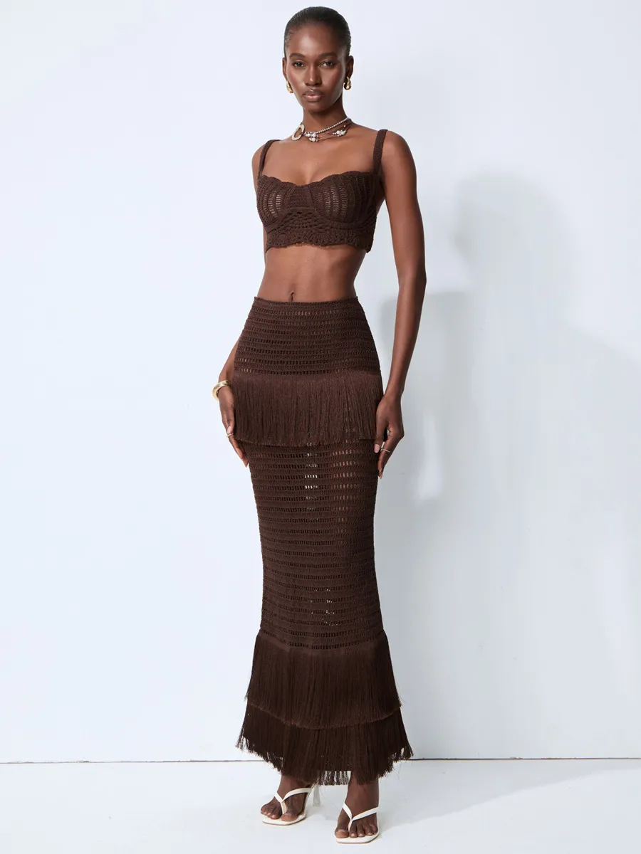 Julia Brown Crochet Knit Top & Fringe Skirt Set