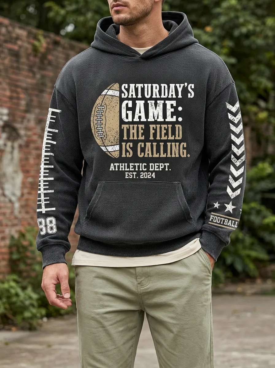 Men's American Football Saturday Game Printed Waffle Hoodie