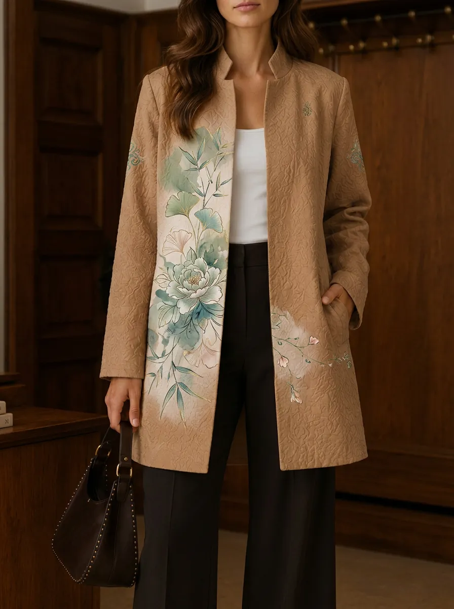 Women's Floral Art Botanical Ginkgo Peony Printed Jacket