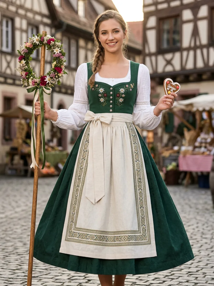 Floral Embroidered Edelweiss Embroidered Apron Sweetheart Neck Women's Bavarian Oktoberfest Dirndl Dress