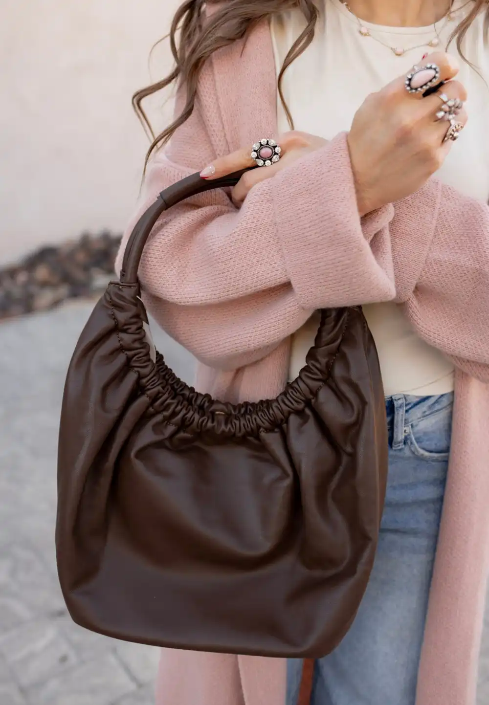 Round-Handle Ruched Snap-Closure Shoulder Bag