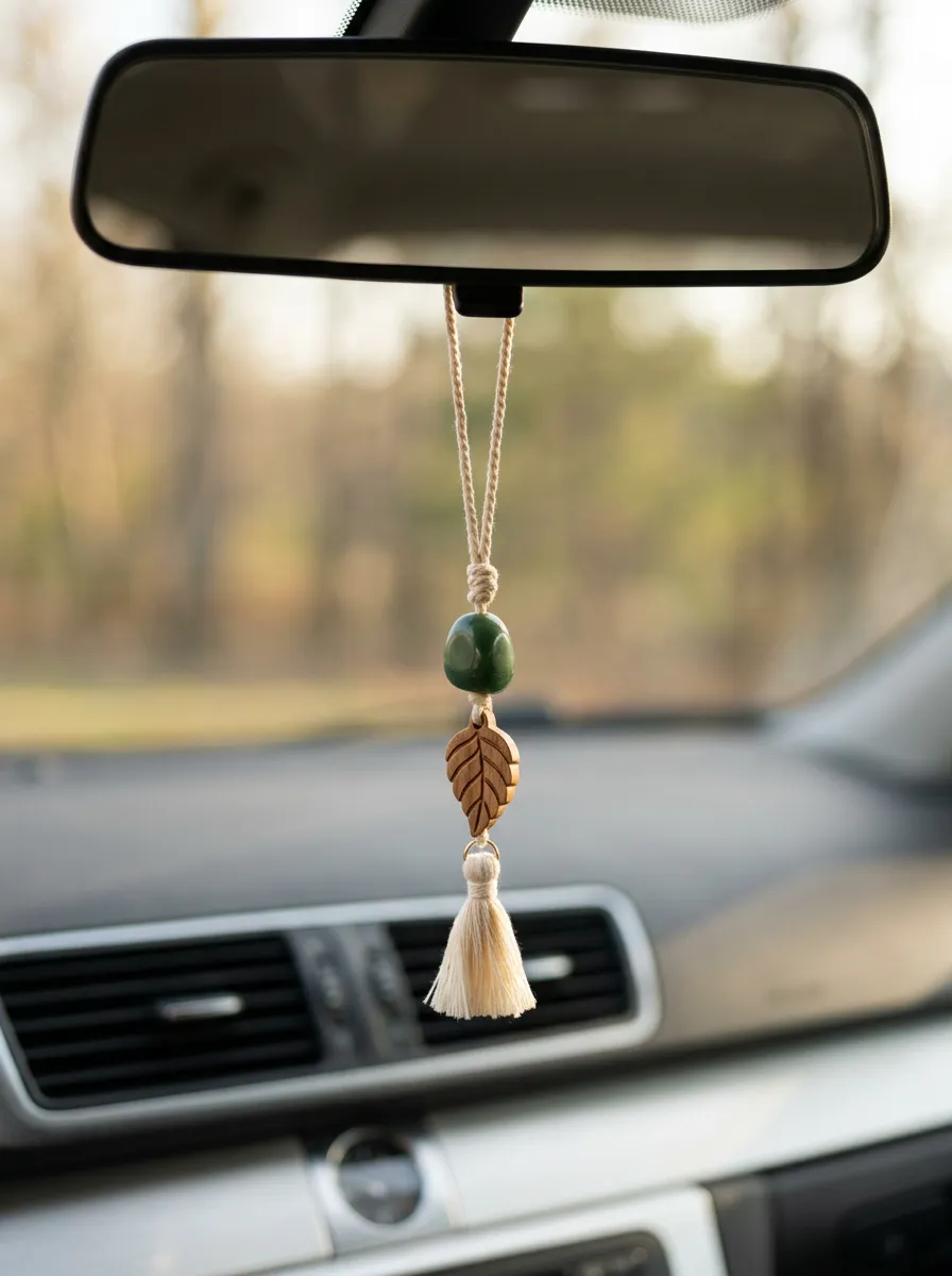 Beaded Tassel Wooden Leaf Rearview Mirror Hanging Ornament