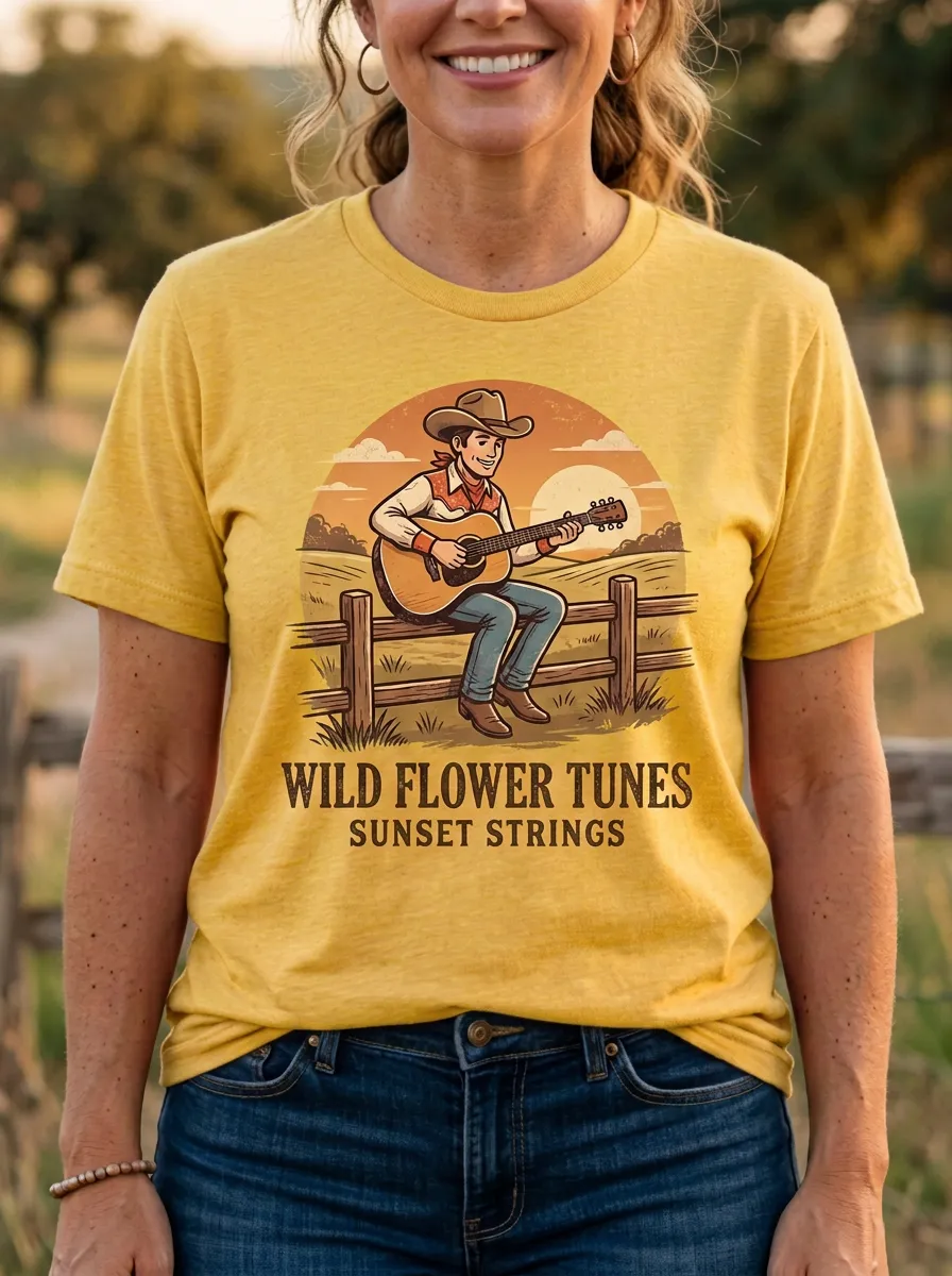 Guitar Cowboy Sunset Country Music Crewneck T-Shirt