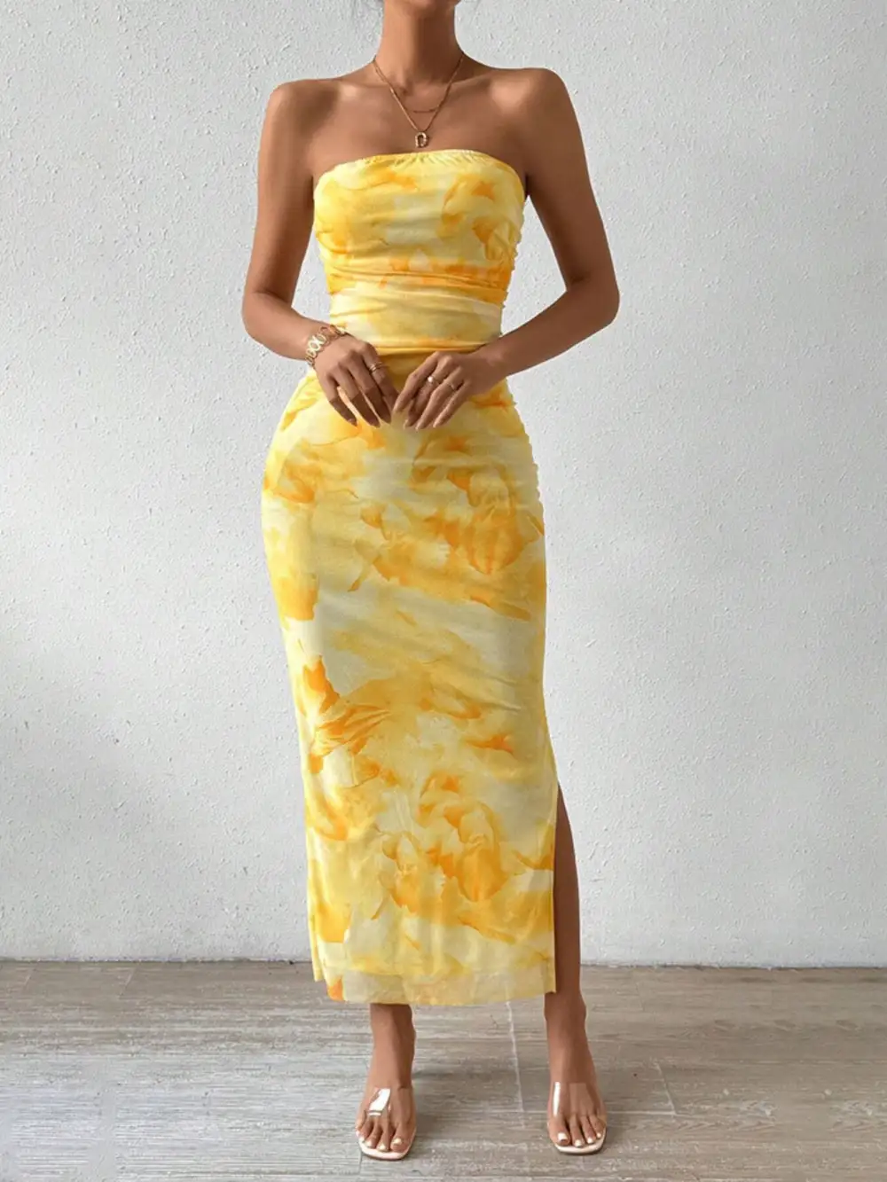 Bodycon Strapless Mesh Midi Dress