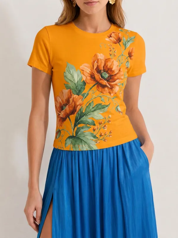 Women's Floral Lover Blue Poppy Flower Printed T-shirt