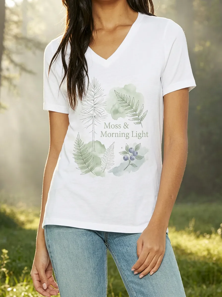 Women's Nature Lover Fern Moss & Blueberry Printed V-neck T-shirt