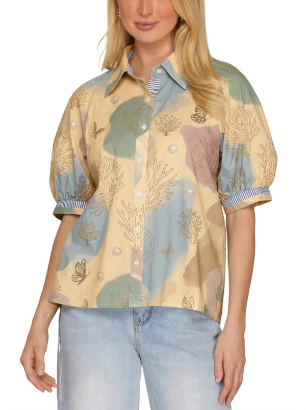 Women's Coastal Butterfly Coral Reef Printed Puff Sleeve Shirt