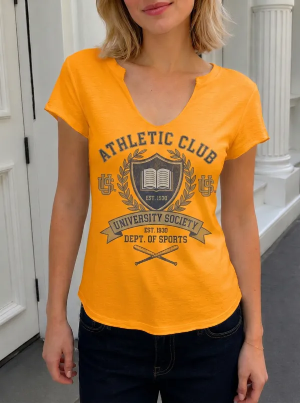Women's Athletic Club University Society Printed V-Neck T-Shirt