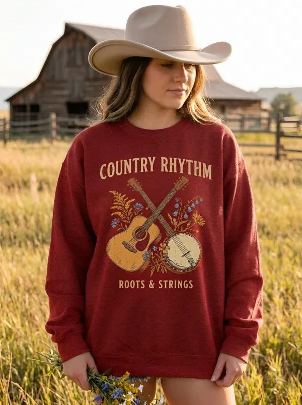 Acoustic Country Music Guitar Banjo Floral Crew Neck Sweatshirt