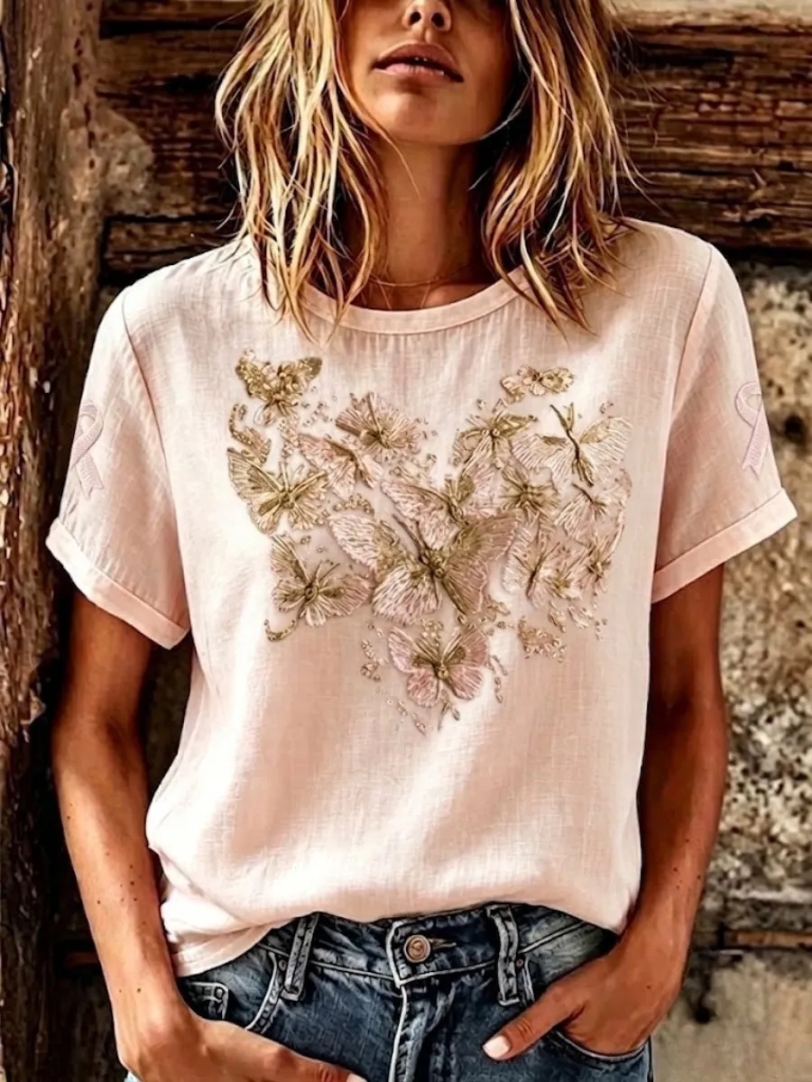 Women's Floral Art Cotton Linen Short Sleeved Top