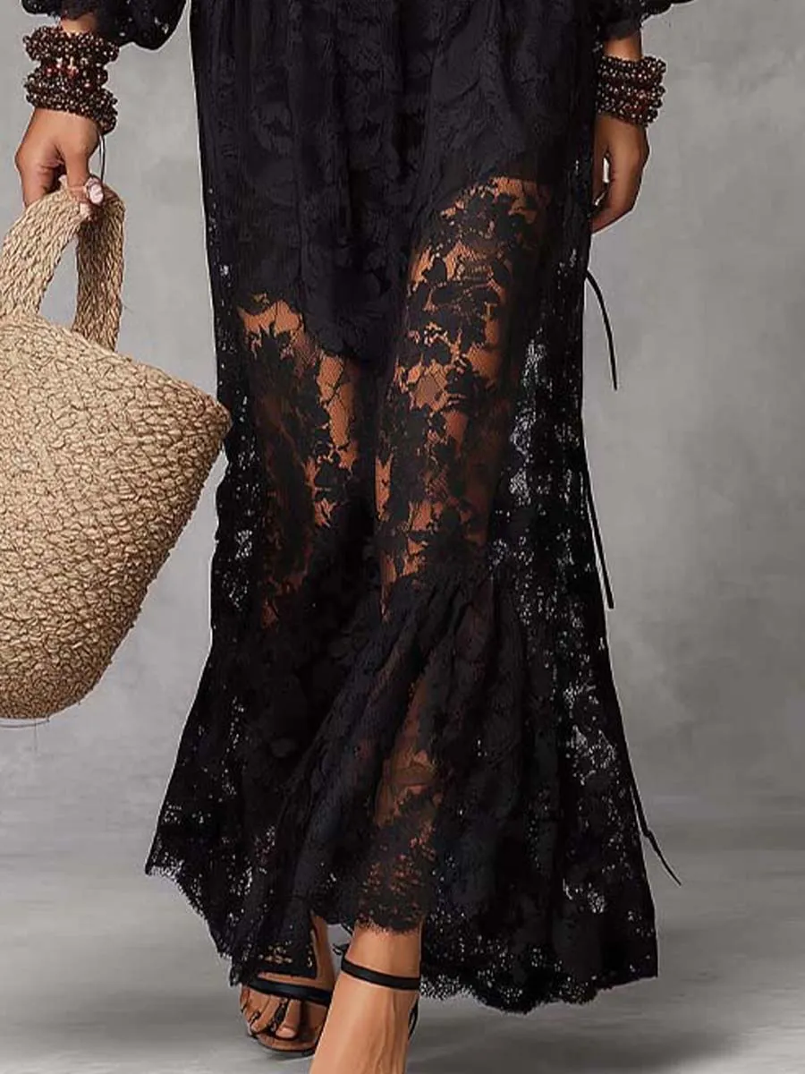 Black Smocked Off-Shoulder Lace Maxi Dress