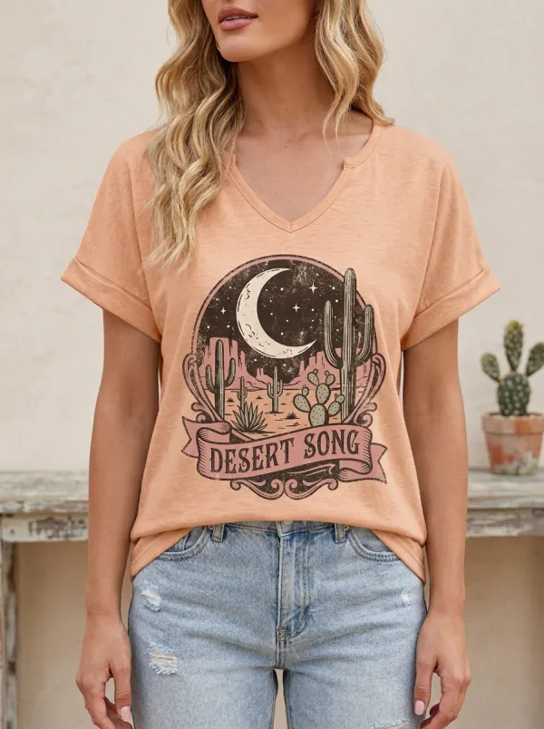 Women's Western Desert Song Cactus Moon Printed V-Neck T-Shirt
