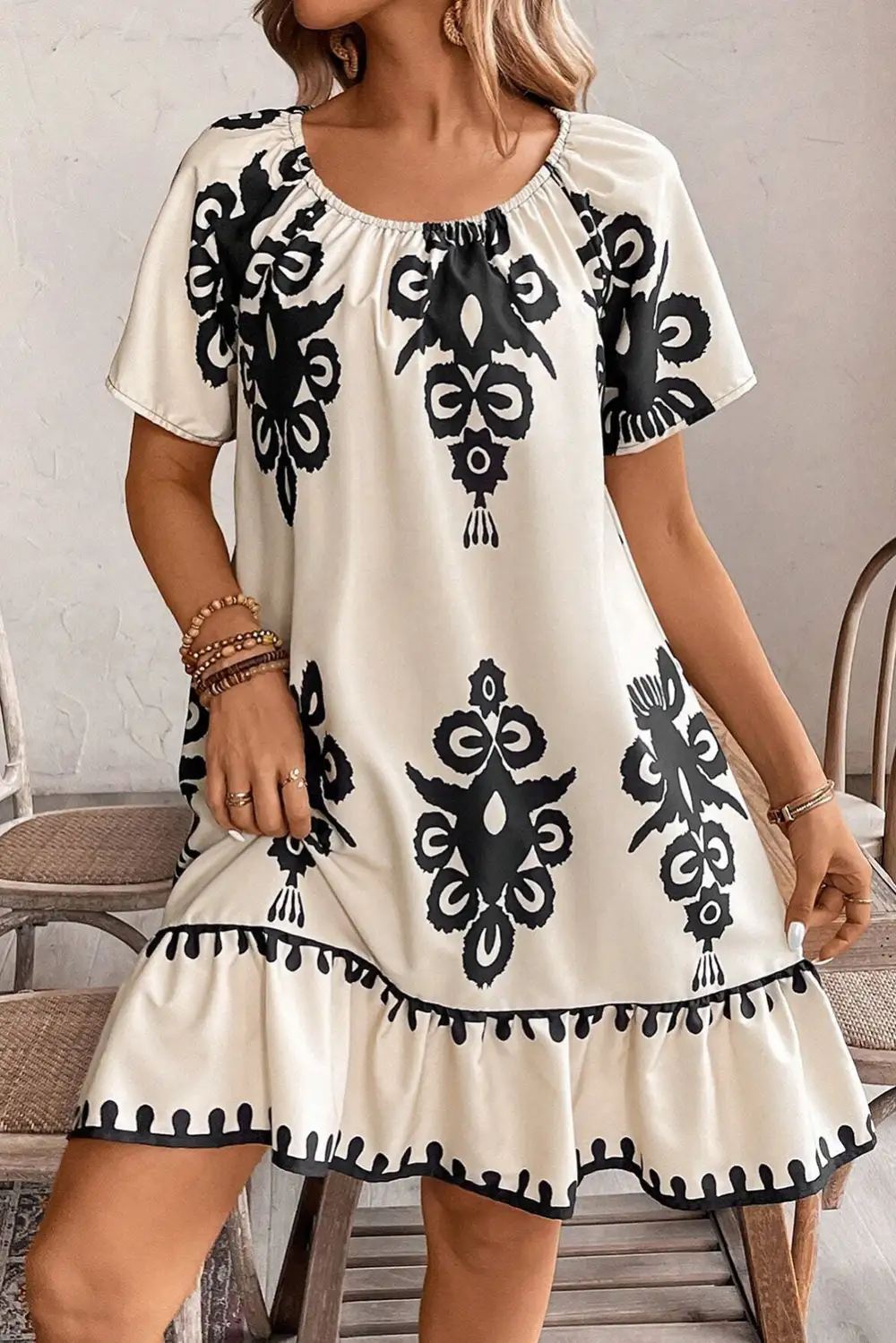 Ruffle Trim Short Sleeve Relaxed Fit Mini Dress