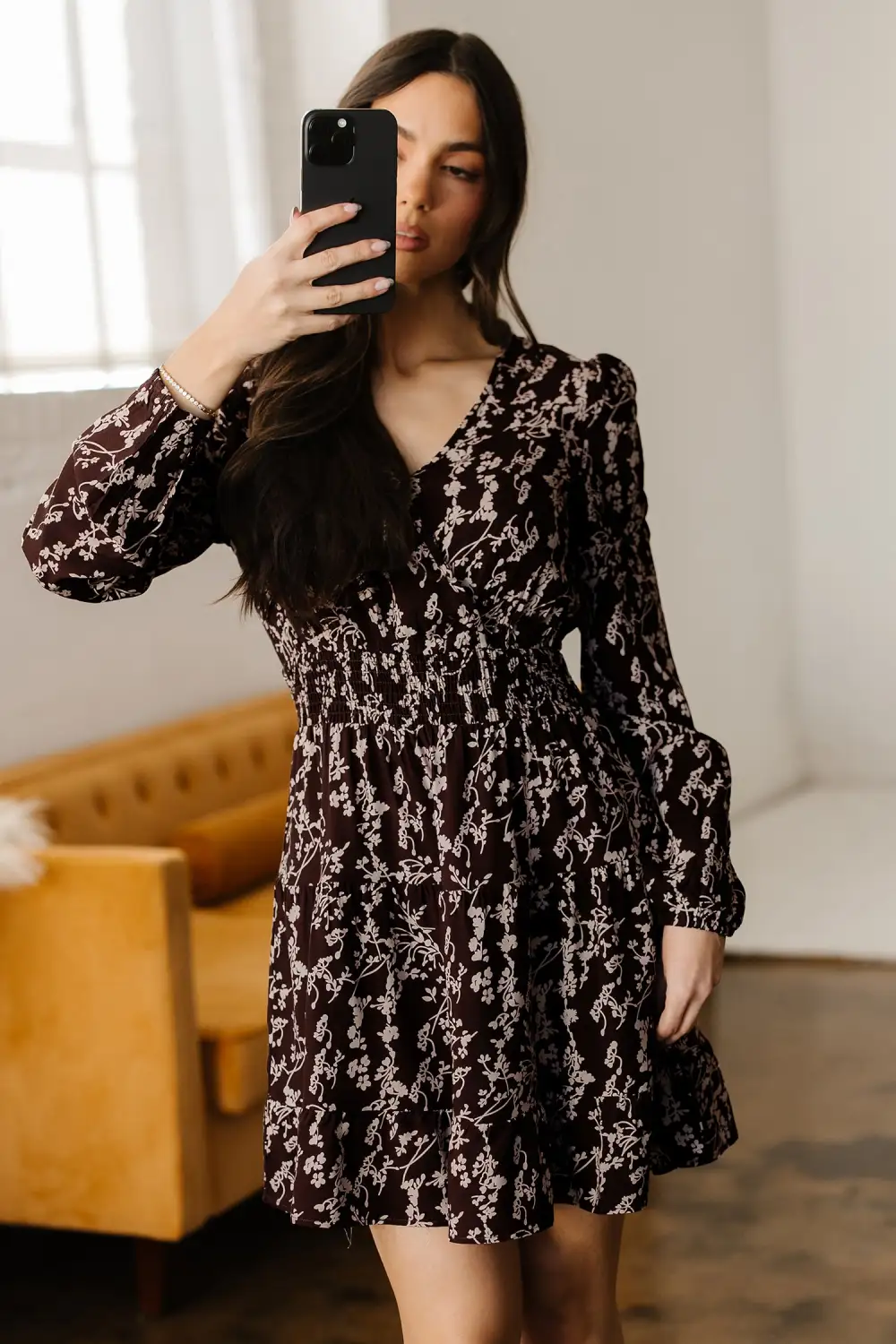 Lightweight Feel Floral Printed Split Neck Mini Dress