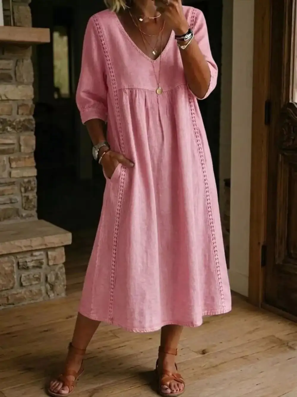 V-Neck Three-Quarter Sleeve Midi Dress