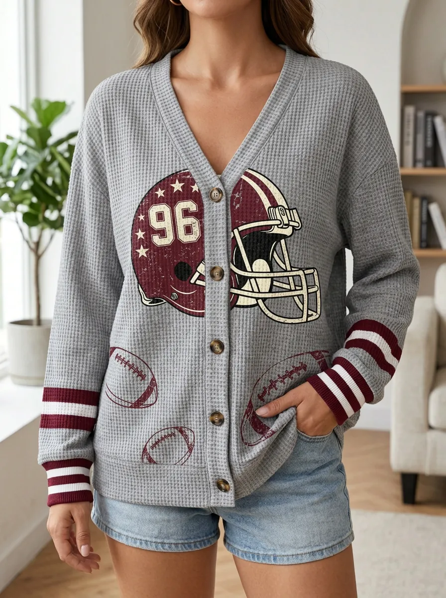 Women's Football Fan 96 Helmet Printed Waffle Knit Cardigan