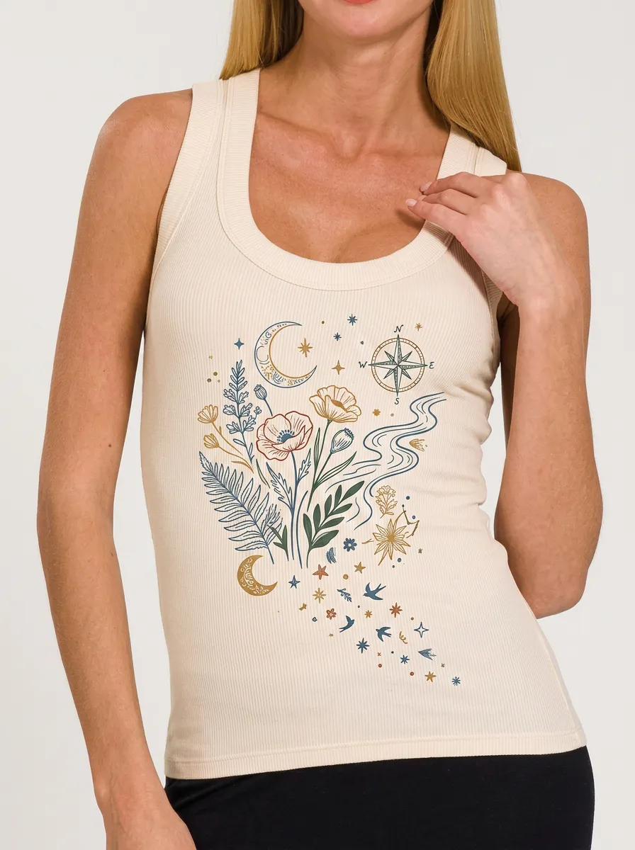 Women's Celestial Floral Compass Printed Ribbed Tank Top