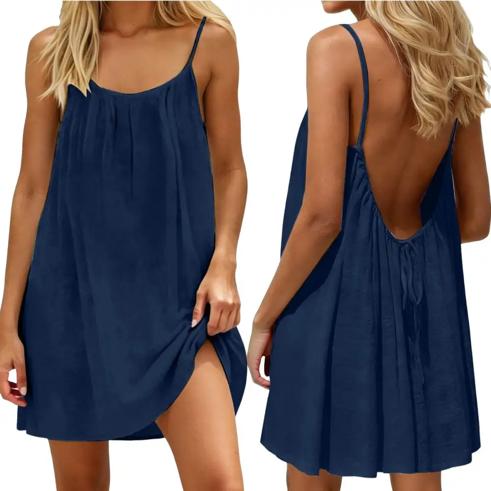 🌿Women's Summer Ruched Backless Cami Mini Dress, Spaghetti Strap A-Line Loose Fit Vacation Short Dress