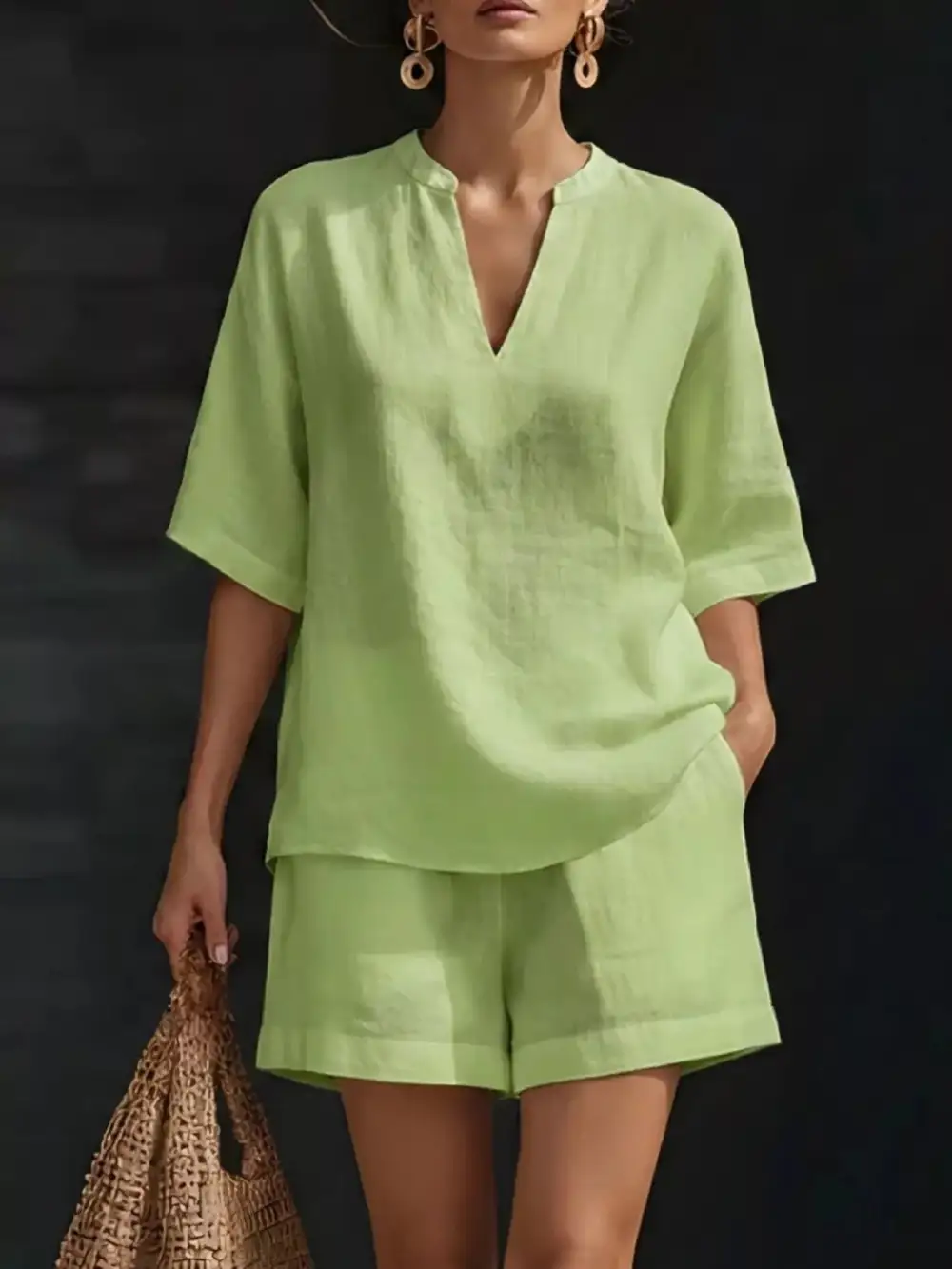 Notched Half Sleeve Top Shorts Set Plus